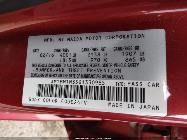 Aukcja sprzedaży 2016 Mazda Mazda3 S Grand Touring, vin: JM1BM1N35G1330985, numer aukcji: 45843080