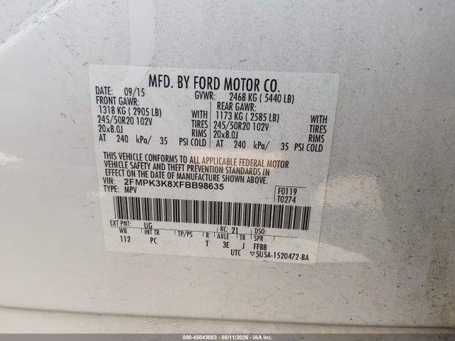 Продажа на аукционе авто 2015 Ford Edge Titanium, vin: 2FMPK3K8XFBB98635, номер лота: 45843083
