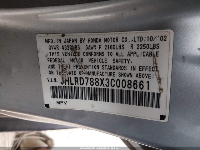 45843093 :رقم المزاد ، JHLRD788X3C008661 vin ، 2003 Honda Cr-v Ex مزاد بيع