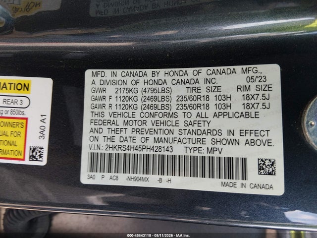 45843118 :رقم المزاد ، 2HKRS4H45PH428143 vin ، 2023 Honda Cr-v Ex Awd مزاد بيع