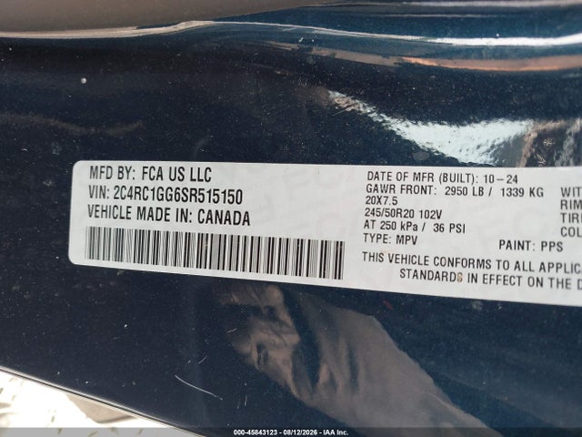 Aukcja sprzedaży 2025 Chrysler Pacifica Limited, vin: 2C4RC1GG6SR515150, numer aukcji: 45843123