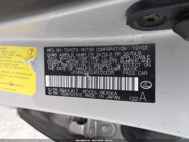 2004 Lexus Es 330 მანქანა იყიდება აუქციონზე, vin: JTHBA30G245020035, აუქციონის ნომერი: 45843142