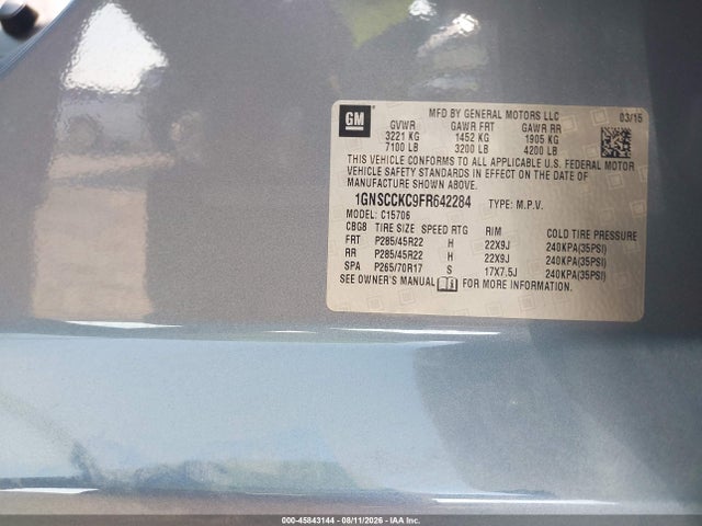 Продаж на аукціоні авто 2015 Chevrolet Tahoe Ltz, vin: 1GNSCCKC9FR642284, номер лоту: 45843144