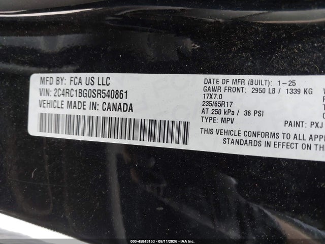 Aukcja sprzedaży 2025 Chrysler Pacifica Select, vin: 2C4RC1BG0SR540861, numer aukcji: 45843153