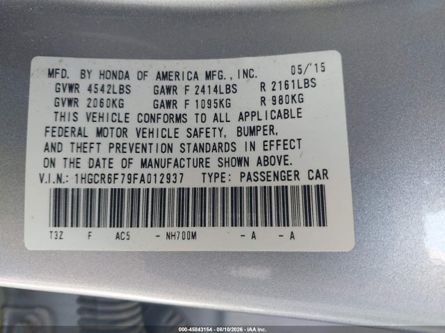 Aukcja sprzedaży 2015 Honda Accord Hybrid Touring, vin: 1HGCR6F79FA012937, numer aukcji: 45843154