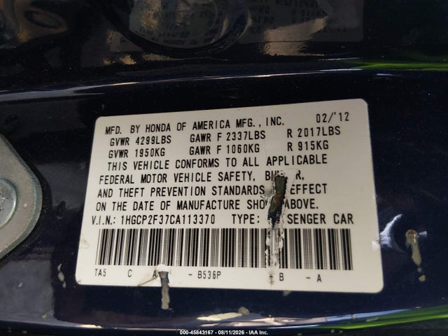 45843167 :رقم المزاد ، 1HGCP2F37CA113370 vin ، 2012 Honda Accord Sdn Lx مزاد بيع