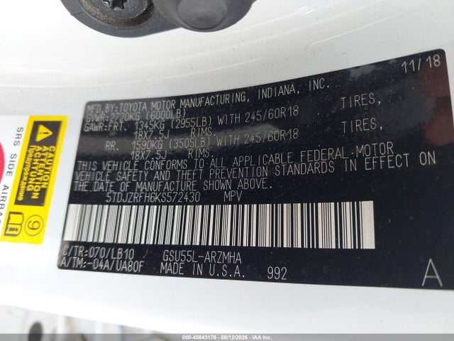 Продаж на аукціоні авто 2019 Toyota Highlander Xle, vin: 5TDJZRFH6KS572430, номер лоту: 45843176