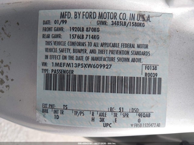 Aukcja sprzedaży 1999 Mercury Tracer Ls, vin: 1MEFM13P5XW609927, numer aukcji: 45843191