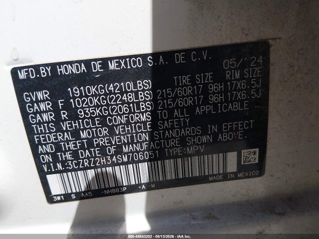 45843202 :رقم المزاد ، 3CZRZ2H34SM706051 vin ، 2025 Honda Hr-v Awd Lx مزاد بيع