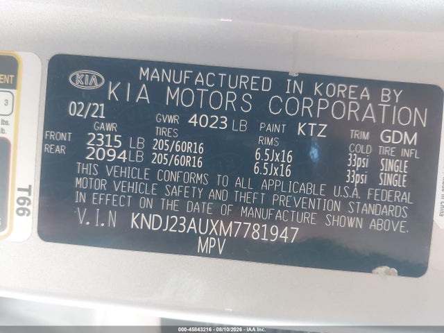 Aukcja sprzedaży 2021 Kia Soul Lx, vin: KNDJ23AUXM7781947, numer aukcji: 45843216