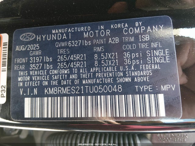 45843220 :رقم المزاد ، KM8RMES21TU050048 vin ، 2026 Hyundai Palisade Calligraphy مزاد بيع