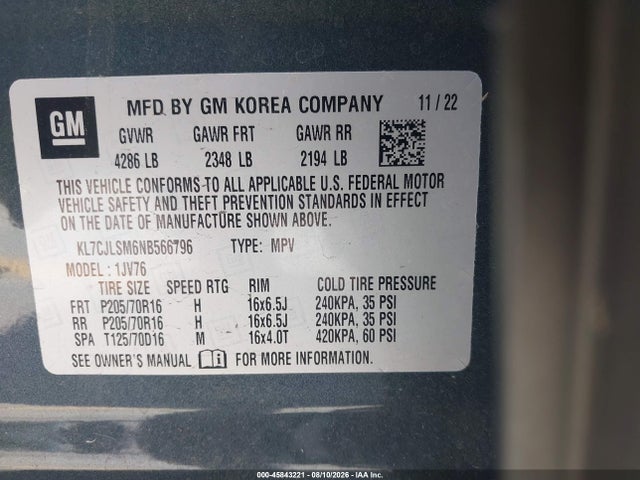 KL7CJLSM6NB566796 Chevrolet Trax Fwd Lt