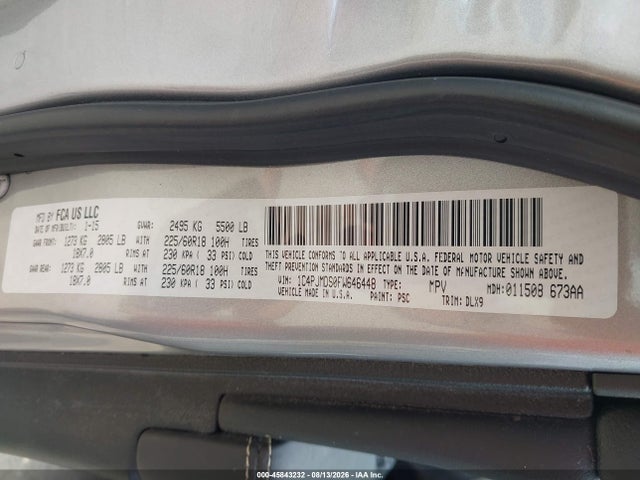 2015 Jeep Cherokee Limited მანქანა იყიდება აუქციონზე, vin: 1C4PJMDS0FW646448, აუქციონის ნომერი: 45843232