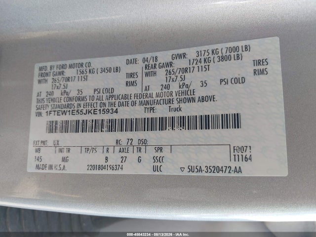 45843234 :رقم المزاد ، 1FTEW1E55JKE15934 vin ، 2018 Ford F-150 Xlt مزاد بيع