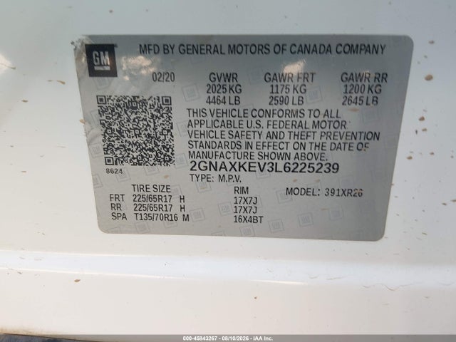 45843267 :رقم المزاد ، 2GNAXKEV3L6225239 vin ، 2020 Chevrolet Equinox Fwd Lt 1.5l Turbo مزاد بيع