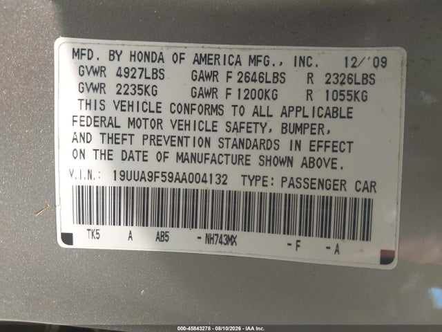 Продажа на аукционе авто 2010 Acura Tl 3.7, vin: 19UUA9F59AA004132, номер лота: 45843278