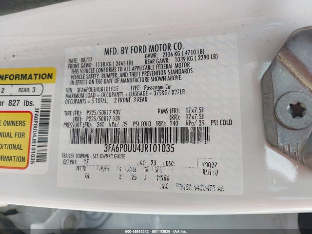 45843282 :رقم المزاد ، 3FA6P0UU4JR101035 vin ، 2018 Ford Fusion Hybrid S مزاد بيع
