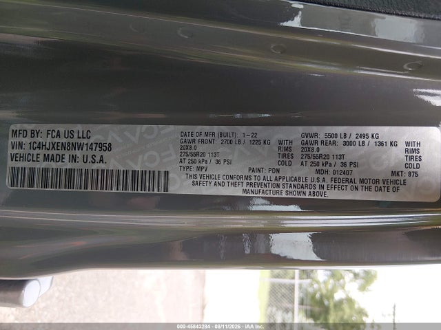 Продажа на аукционе авто 2022 Jeep Wrangler Unlimited High Altitude 4x4, vin: 1C4HJXEN8NW147958, номер лота: 45843284