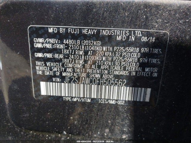 Aukcja sprzedaży 2015 Subaru Forester 2.5i Touring, vin: JF2SJAWC0FH505562, numer aukcji: 45843285