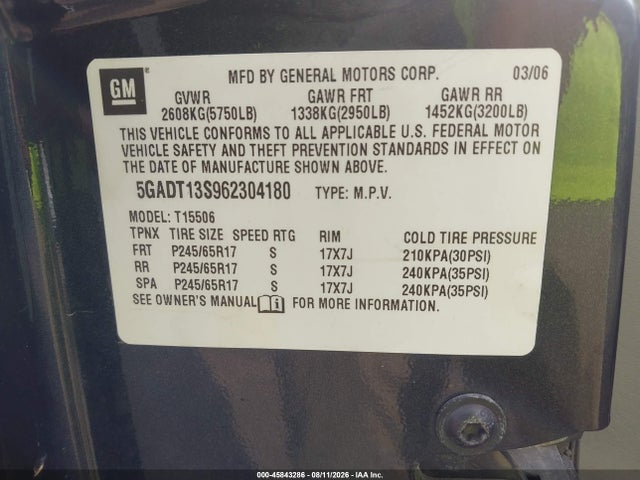 45843286 :رقم المزاد ، 5GADT13S962304180 vin ، 2006 Buick Rainier Cxl مزاد بيع