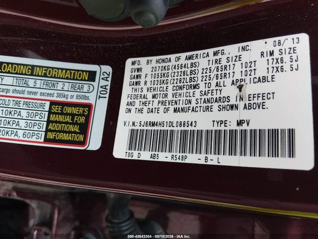 2013 Honda Cr-v Ex მანქანა იყიდება აუქციონზე, vin: 5J6RM4H51DL088543, აუქციონის ნომერი: 45843304