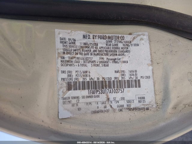 Продажа на аукционе авто 2007 Ford Taurus Se, vin: 1FAFP53U17A102757, номер лота: 45843314