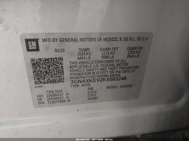 45843327 :رقم المزاد ، 3GNAXKEV2KS593248 vin ، 2019 Chevrolet Equinox Lt مزاد بيع