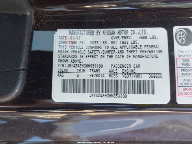2017 Nissan 370z Touring მანქანა იყიდება აუქციონზე, vin: JN1AZ4EH3HM954488, აუქციონის ნომერი: 45843340