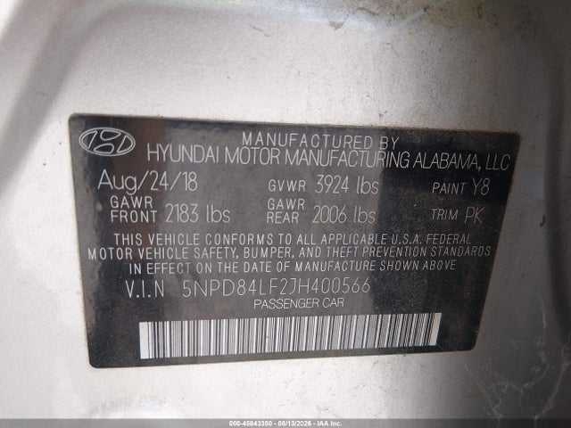 5NPD84LF2JH400566 Hyundai ELANTRA SEL