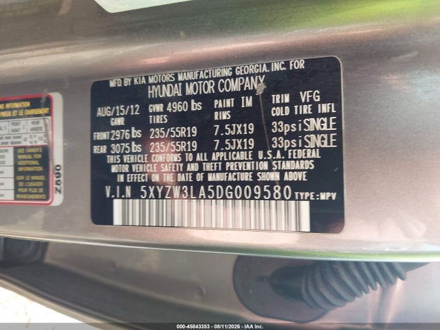 45843353 :رقم المزاد ، 5XYZW3LA5DG009580 vin ، 2013 Hyundai Santa Fe Sport 2.0t مزاد بيع