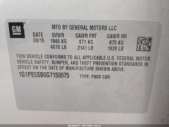 Продажа на аукционе авто 2016 Chevrolet Cruze Limited 1lt Auto, vin: 1G1PE5SB6G7150975, номер лота: 45843371