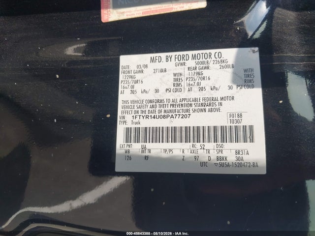 2008 Ford Ranger Sport მანქანა იყიდება აუქციონზე, vin: 1FTYR14U08PA77207, აუქციონის ნომერი: 45843388