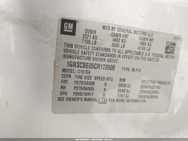 Aukcja sprzedaży 2012 Chevrolet Tahoe Lt, vin: 1GNSCBE05CR172908, numer aukcji: 45843397