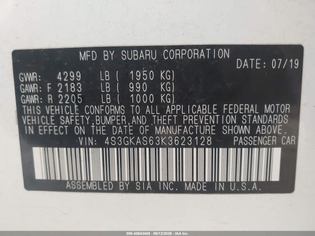 45843408 :رقم المزاد ، 4S3GKAS63K3623128 vin ، 2019 Subaru Impreza 2.0i Limited مزاد بيع