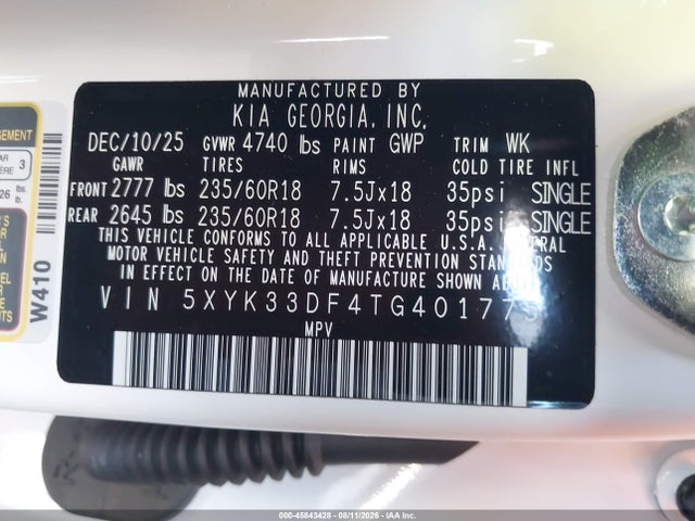 45843428 :رقم المزاد ، 5XYK33DF4TG401775 vin ، 2026 Kia Sportage Ex مزاد بيع