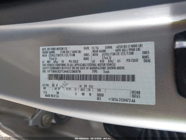 Продажа на аукционе авто 2017 Ford F-350 Lariat, vin: 1FT8W3DT3HEC06578, номер лота: 45843432