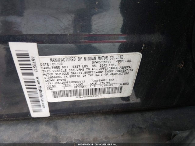 45843434 :رقم المزاد ، JNKAJ09E89M900312 vin ، 2009 Infiniti Ex35 Journey مزاد بيع