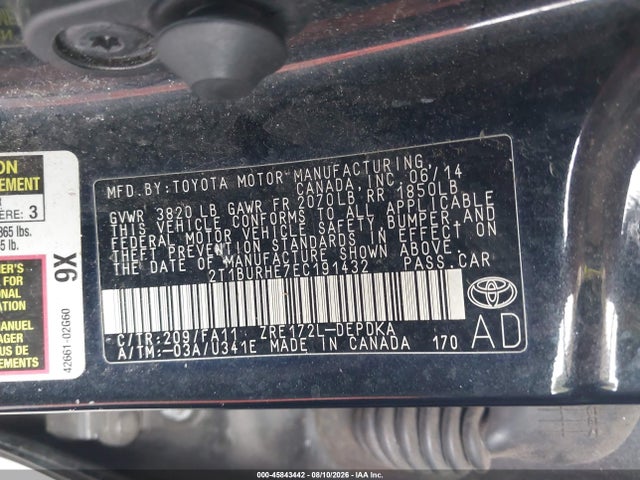 Aukcja sprzedaży 2014 Toyota Corolla L, vin: 2T1BURHE7EC191432, numer aukcji: 45843442
