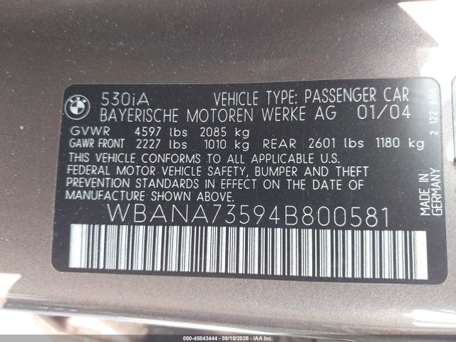 Продажа на аукционе авто 2004 Bmw 530i, vin: WBANA73594B800581, номер лота: 45843444