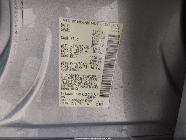 2015 Nissan Armada Platinum მანქანა იყიდება აუქციონზე, vin: 5N1AA0NE7FN621183, აუქციონის ნომერი: 45843445
