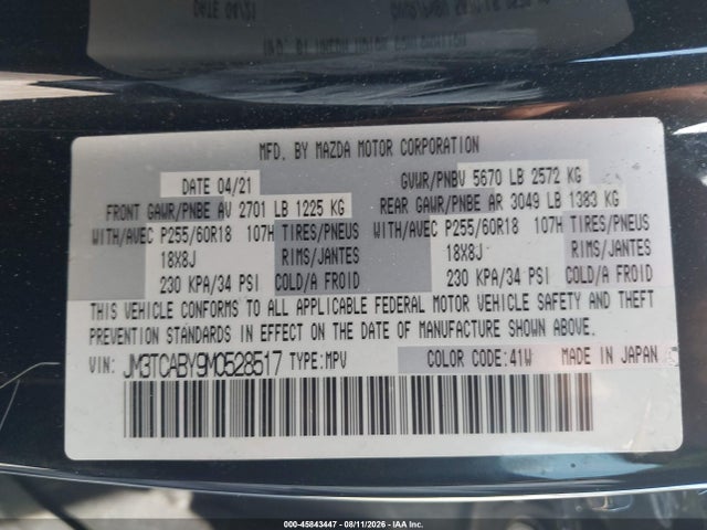 Aukcja sprzedaży 2021 Mazda Cx-9 Sport, vin: JM3TCABY9M0528517, numer aukcji: 45843447