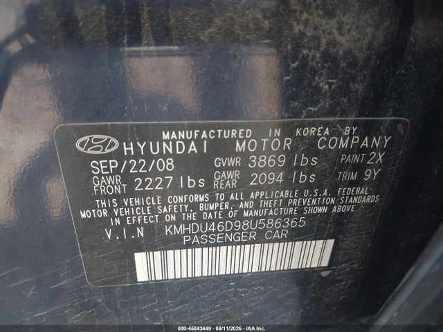 Продажа на аукционе авто 2008 Hyundai Elantra Gls/se, vin: KMHDU46D98U586365, номер лота: 45843449