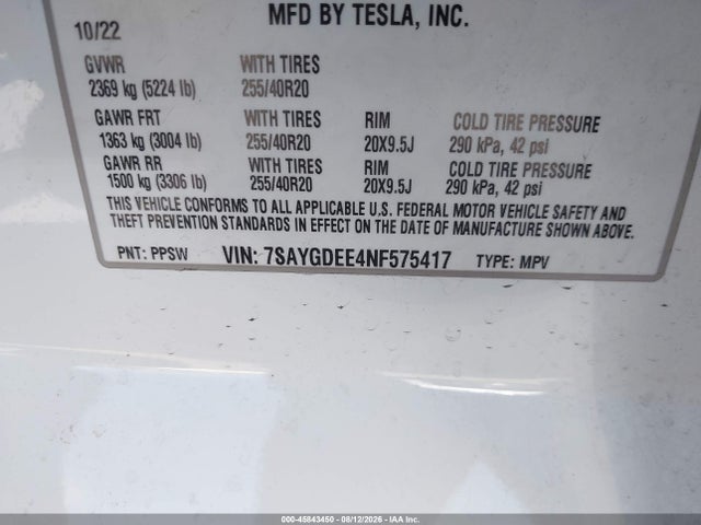 Aukcja sprzedaży 2022 Tesla Model Y Long Range Dual Motor All-wheel Drive, vin: 7SAYGDEE4NF575417, numer aukcji: 45843450