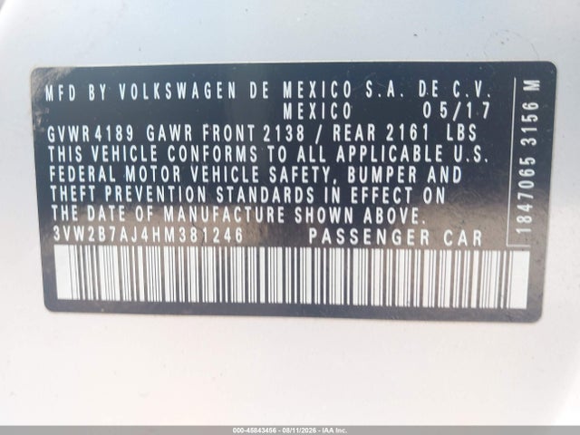 Продажа на аукционе авто 2017 Volkswagen Jetta 1.4t S, vin: 3VW2B7AJ4HM381246, номер лота: 45843456