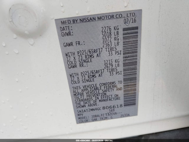2016 Nissan Rogue S მანქანა იყიდება აუქციონზე, vin: 5N1AT2MN4GC806618, აუქციონის ნომერი: 45843461