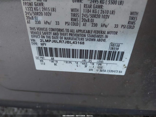 Auction sale of the 2018 Lincoln Mkx Reserve, vin: 2LMPJ6LR7JBL43168, lot number: 45843463