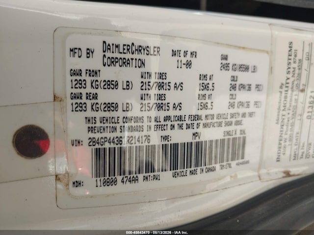 Aukcja sprzedaży 2001 Dodge Grand Caravan Sport, vin: 2B4GP44361R214176, numer aukcji: 45843470