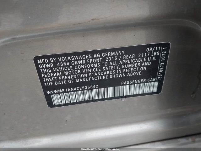 2012 Volkswagen Cc მანქანა იყიდება აუქციონზე, vin: WVWMP7AN4CE535842, აუქციონის ნომერი: 45843477