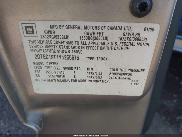 45843489 :رقم المزاد ، 2GTEC19T1Y1255675 vin ، 2000 Gmc Sierra 1500 Sle مزاد بيع