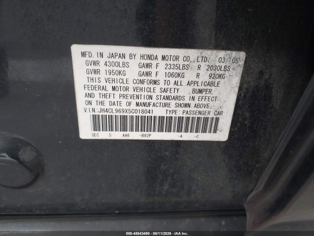 45843490 :رقم المزاد ، JH4CL969X5C018041 vin ، 2005 Acura Tsx مزاد بيع